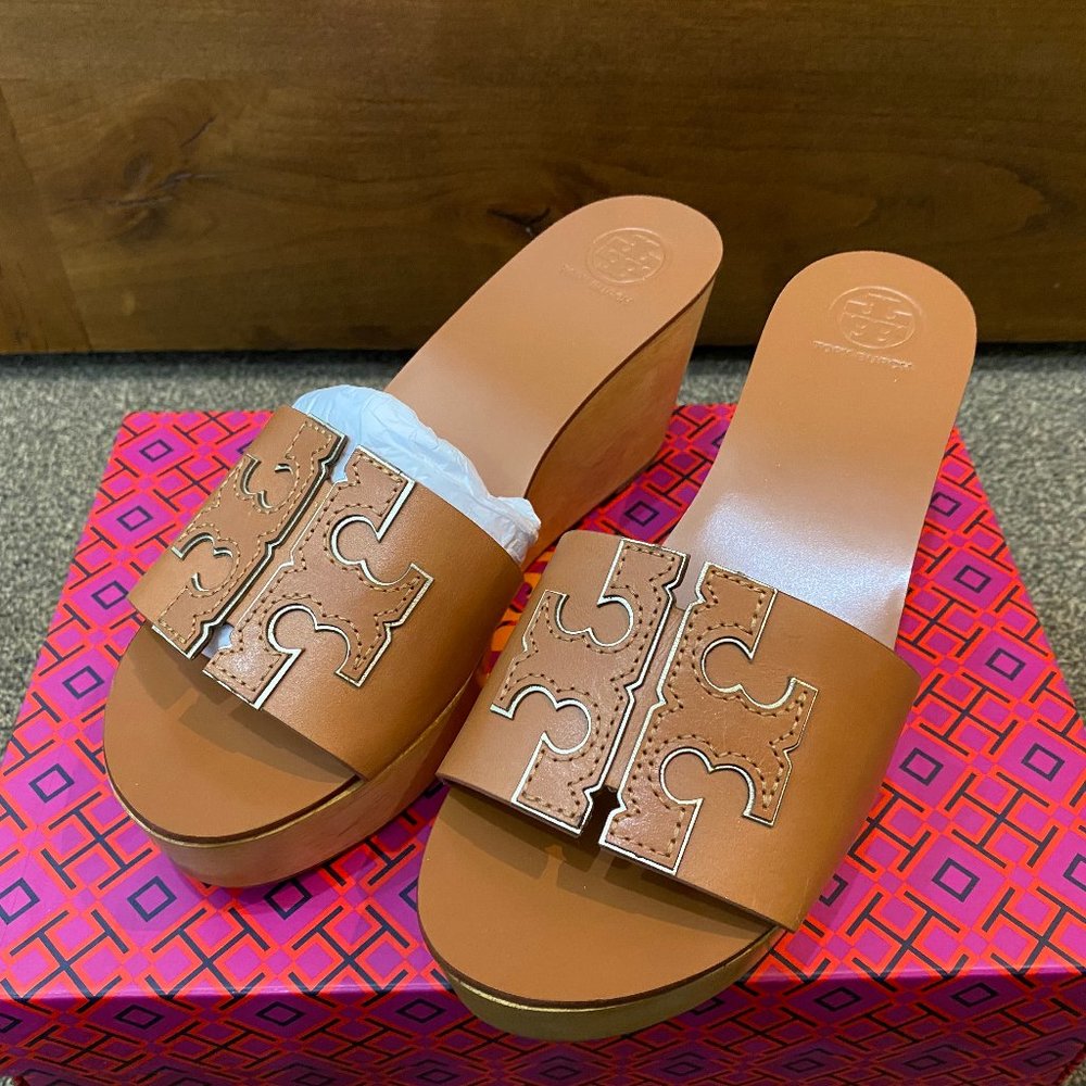 NEW Tory Burch Ines Leather Wedge Slides Brown Size 7